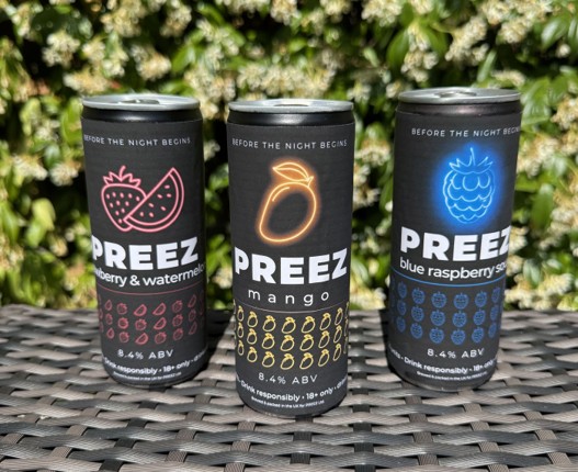 PREEZ cans — Mango, Strawberry & Watermelon, Blue Raspberry Sour, together before the night begins